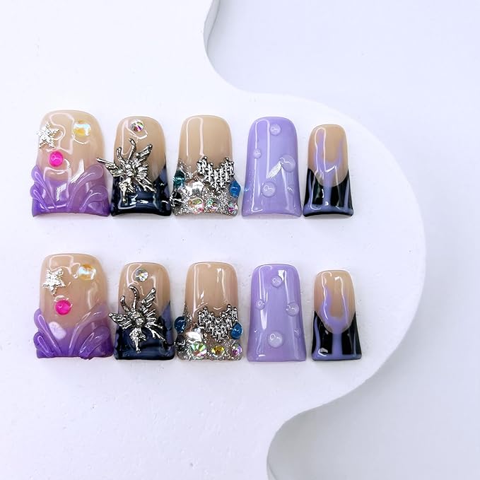 10 Pcs Handmade Press on Nails Medium Duck False Nails with Glue,3D Butterfly Rhinestone Design Purple Thick Fake Nails Heart and Star French Acrylic Reusable Glue on Nails for Women（Size M）
