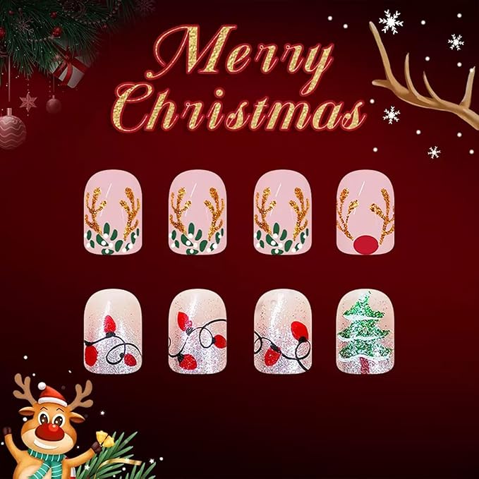 2 Packs 48Pcs Christmas Press on Nails Short Square Fake Nails Elk Antlers Acrylic Nails Christmas Glitter Designs French Ombre Nails Winter Xmas Glue on Nails Kid Set for Women Girls Decoration