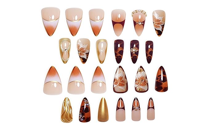 Medium Press on Nails Almond Brown Flowers Stick on Nail for Women 24pcs