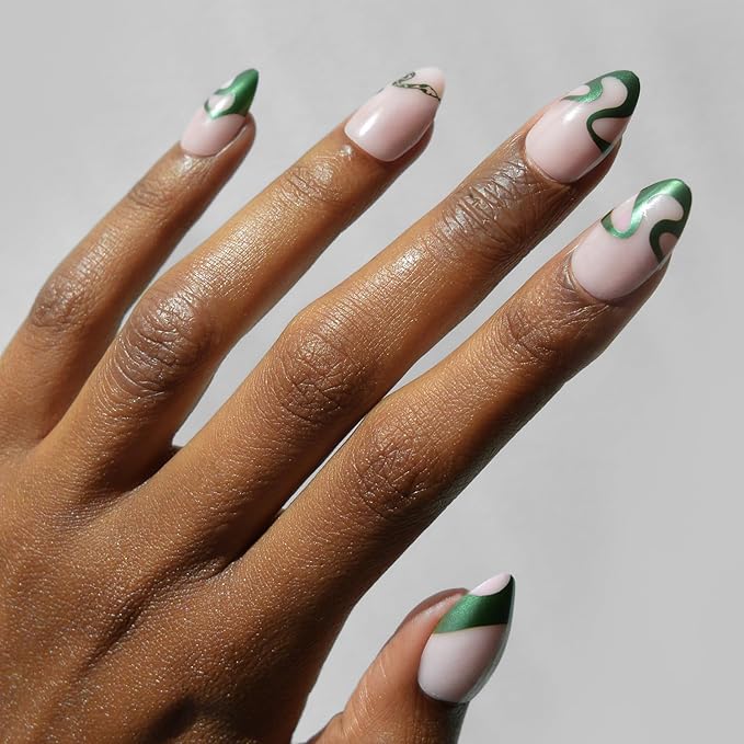 Harry Potter™ x Glamnetic Press On Nails - Parseltongue™ | Semi-Transparent Green Snake Graphic French Tip Short Almond Nails in a Chrome & Glossy Finish | 15 Sizes - 30 Nail Kit with Glue