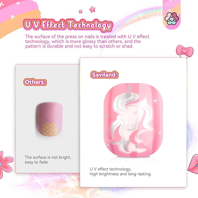 SAVILAND Press on Nails for Kids 168PCS: Kid Press on Nail for Girls Colorful Patterns Kids Fake Nails Tips Strong Adhesion Short Square False Acrylic Nail Art Christmas Easter Gifts 8-12 Years Child