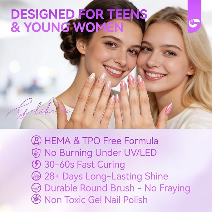 Gelike EC Jelly Color Gel polish: 12 Nail Gel Colors Set with Hema Free Formula Easy to Use On Natural or Acrylic Nails for Teens and Young Women Manicure DIY Home - Valentine & New Year Gift