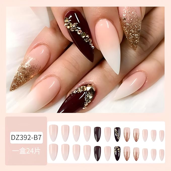 24Pcs Long Stiletto Fake Nails Gold Glitter Press on Nails Gradient False Nails with Rhinestones Design Glossy Full Cover Nails Press Ons Acrylic Glue on Nail for Women Decoration Set