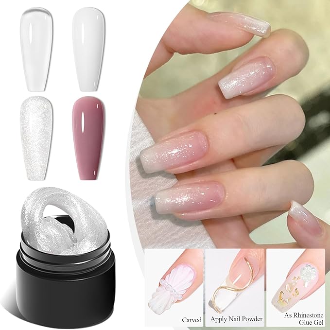 MEET ACROSS All-in-One Extension Mini Kit Non-Sticky Builder Gel Starter Kit WIth Base & Top Coat/Dual-Silicone Pen/Pro File/20-Pc Reusable Dual Forms Salon-Grade Extensions (Clear+White+Glitter+Nude)