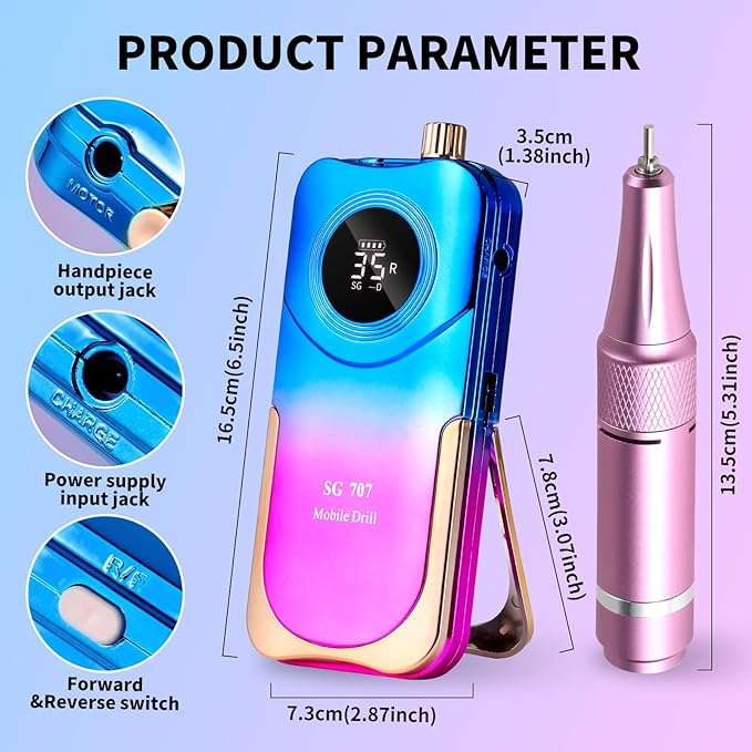 Professional Electric Nail Drill Kit 35000RPM with 14PCS Bits Purple Blue Portable Rechargeable Cordless File Machine for Acrylic Gel Powder Nails and Manicure Pedicure Toenail Tool Salon Set