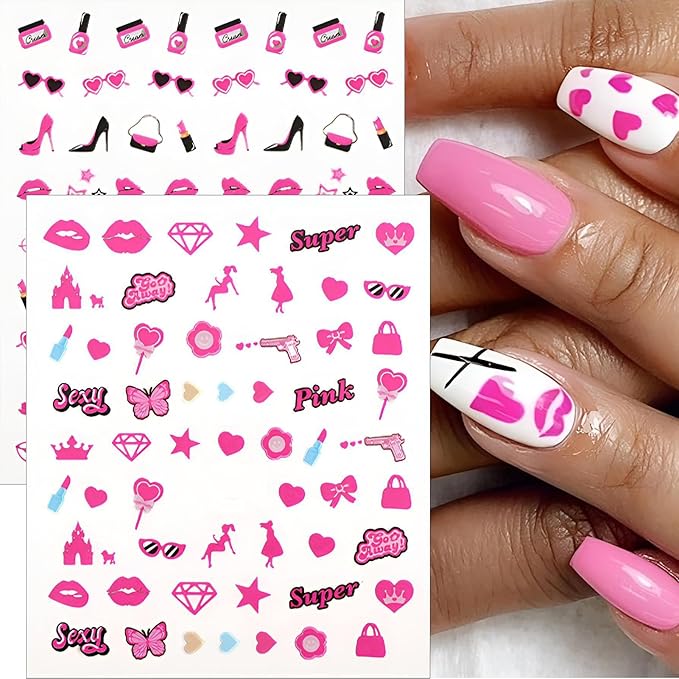 winthrop 8 Sheets Valentine's Day Nail Art Stickers, Charming Heart Lips High Heels 3D Trendy Design Self-Adhesive Pink Nail Art Decals, DIY Manicure Decoration Supplies Accessories for Women Girls