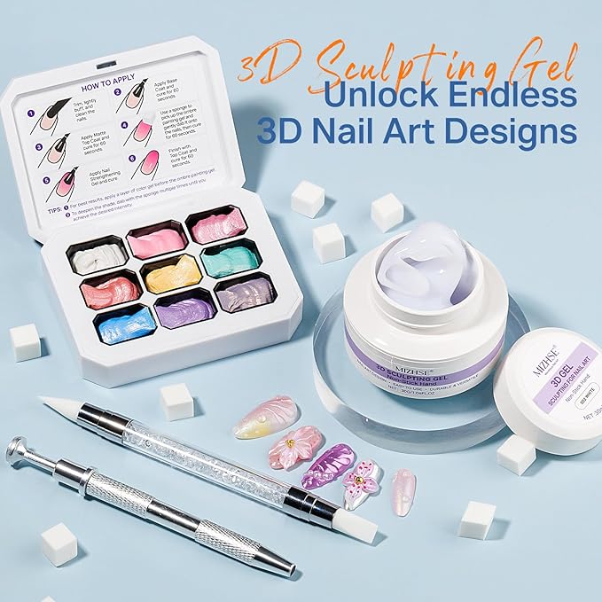 MIZHSE White 3D Sculpting Nail Gel and 9 Mermaid Colors Ombre Patting Gel Polish Kit，3D Nail Art Soak Off U V Painting Gel Set with Sponges, for Nail Art DIY