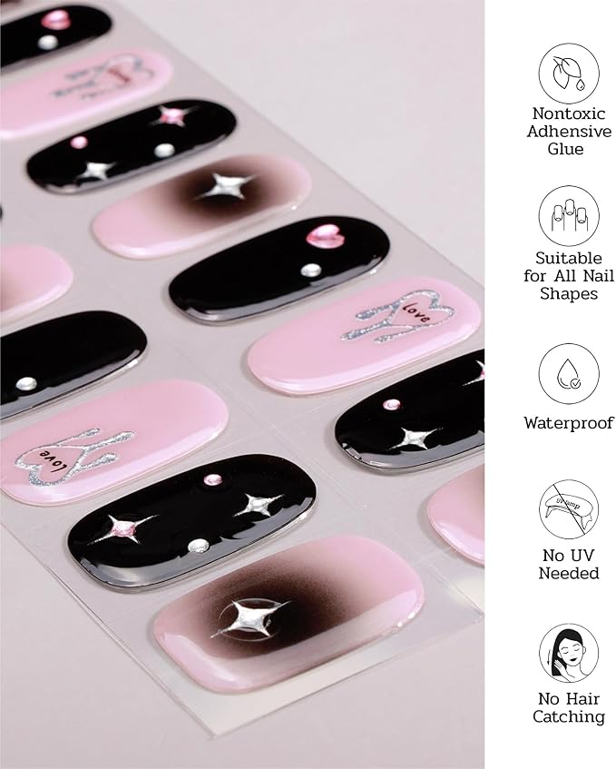 Nail Polish Strips (No UV Lamp Needed) - 22 Pcs Salon Quality Gel Nail Stickers - Long Lasting Wraps (Heartbeat on Black)