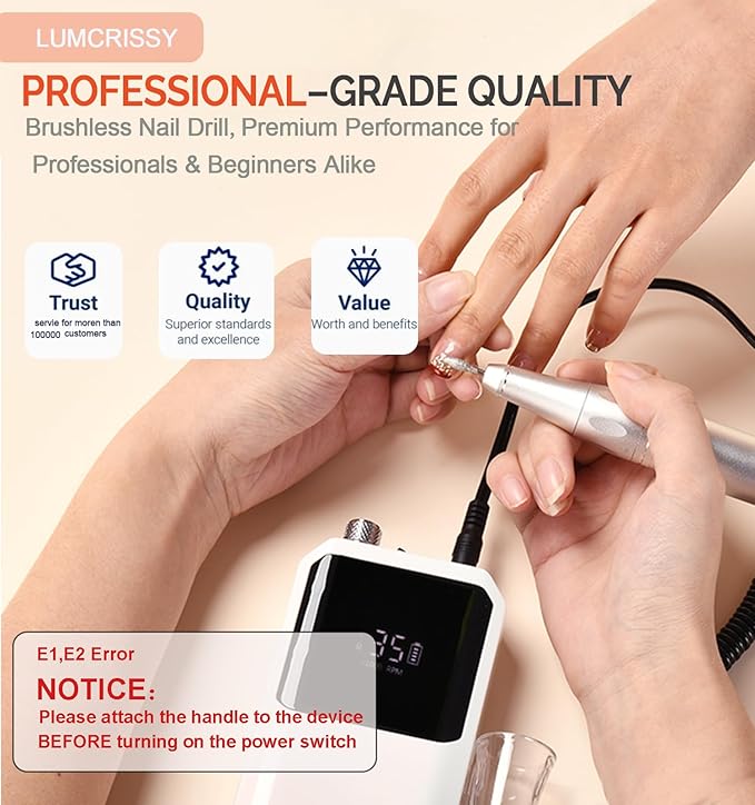 Professional Nail Drill Machine - Cordless Brushless Motor Nail File, 45000 RPM 2*3500mAh Portable Efile for Acrylic Gel Nails with 6 Bits & ETL USB Charger for Salon & Home(Brushless)