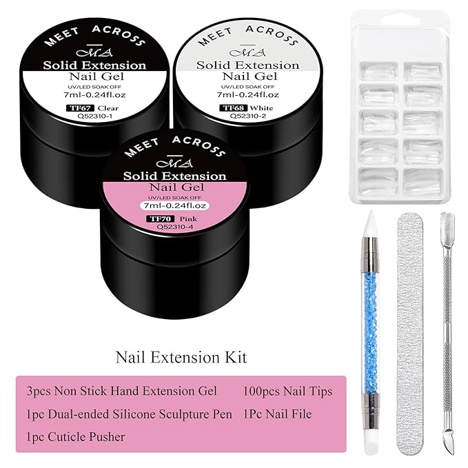 MEET ACROSS Builder Gel for Nails- 3 Colors Builder Gel Kit Nail Extension Clear White Pink Hard Sculpted Kit with 100pcs Nail Forms Art Manicurist Gift for Women