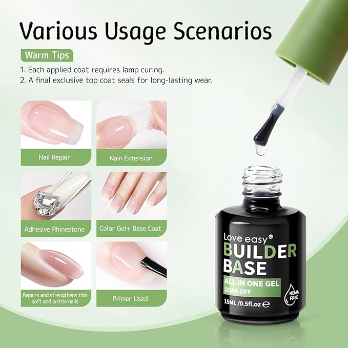 6-in-1 Builder Base Coat Set for Nails, 2 Pack Crystal Clear Soft Gel Polish Strengthening Building Apex Extension Thickening Enhancement for Home DIY Beginner Salon Manicure(U V Curing)