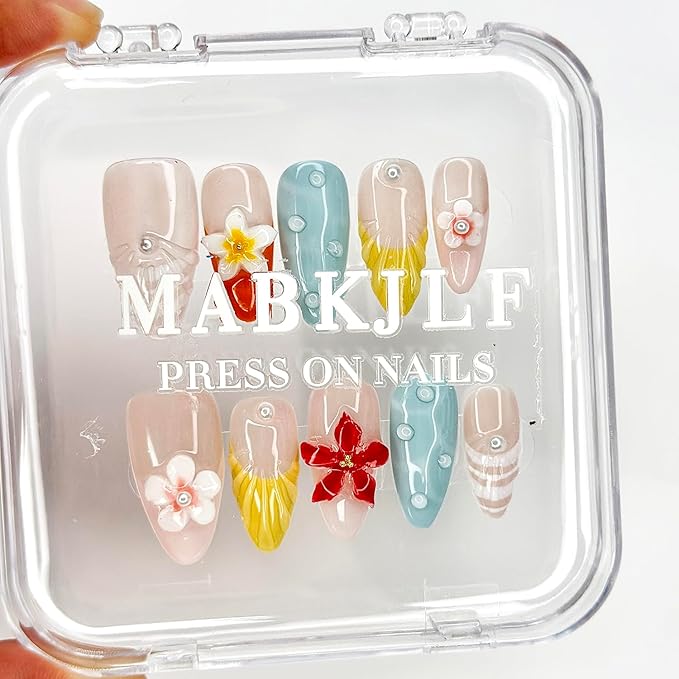 Luxury Press on Nails Medium Almond French Tip Handmade 3D Unique Reusable ABS Material Fake Nails Pastel False Nails with Designs Pearls Floral Art Petal Glossy Glue on Nails Thick Acrylic Nails(M)