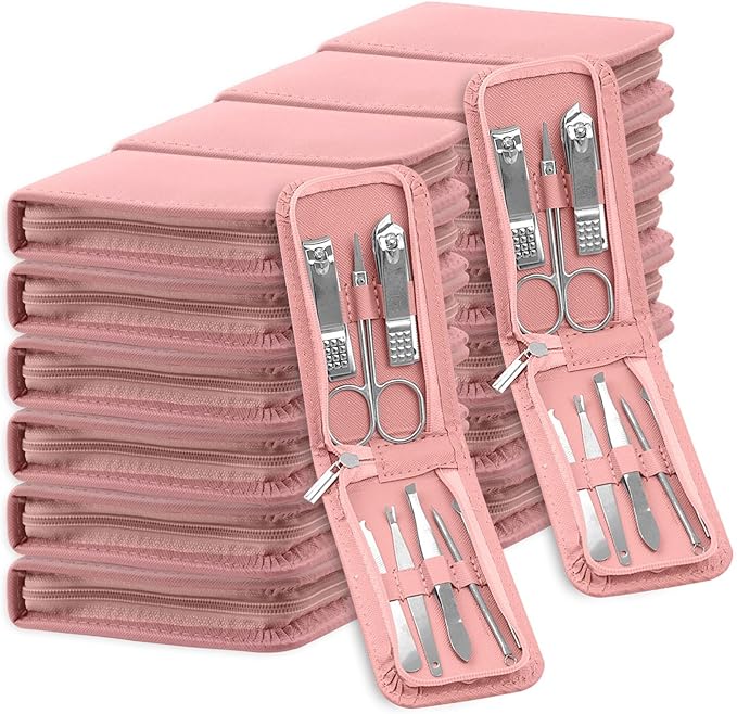Manicure Set Bulk, Nail Clippers Kit Stainless Steel Fingernail Clippers Set, Sturdy Nail Tip Cutter Trimmers Professional Grooming Toenail Clippers Personal Pedicure Kits 8 in 1 (Pink 24 Pack)
