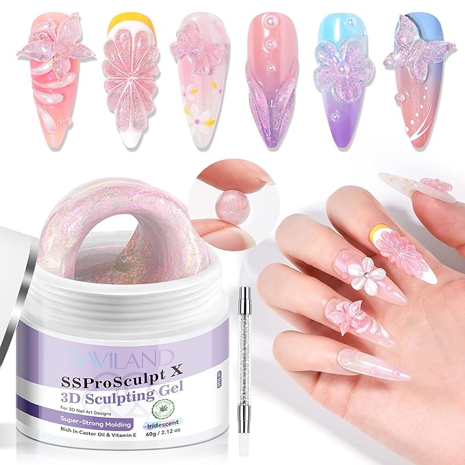 SAVILAND Pink 3D Molding Nail Sculpting Gel: 2.12 oz Solid Iridescent 3D Nail Gel for Professional Salon Use