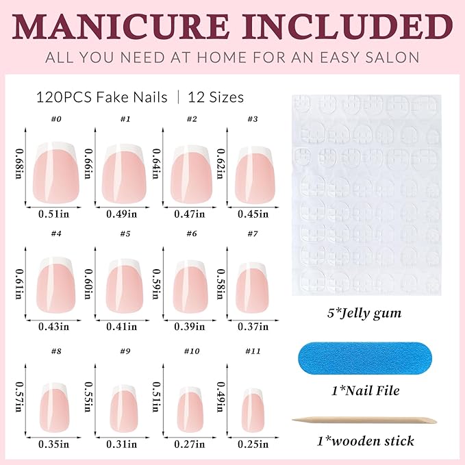120PC White French Tip Press on Nails Short Fake Nails Press ons with 5*Adhesive Tabs, Pink Coffin Acrylic Nail Press on Nail French Tip Nails False Artificial Fingernails Stick on Nails-H