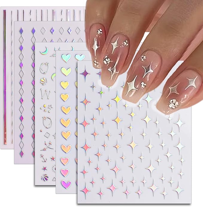 24 Sheets Aurora Nail Art Stickers, Holographic Self-Adhesive Pegatinas Uñas Glitter Design Moon Star Sparkles Heart Line Nail Decals