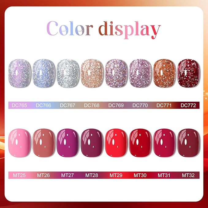 MTSSII Silver Light Purple Pink Blue Orange Red Glitter Gel Nail Polish Pink Purple and Red Series Gel Nail Polish Gel Set Gel Reflection Glitter Polish Kit for DIY Nail Art Women Gifts