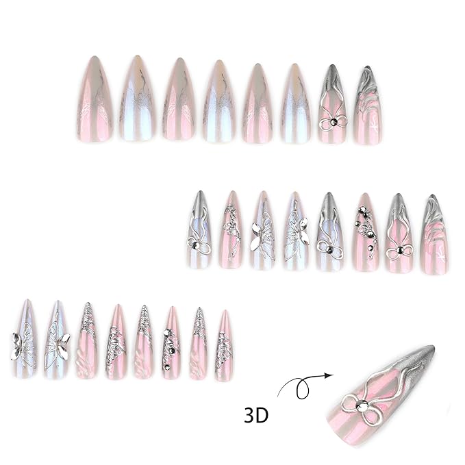 Long Press on Nails Stiletto Fake Nails Silver Artificial Nail Butterfly and Bow Designs Sparkly Stick on Nail for Women 24pcs