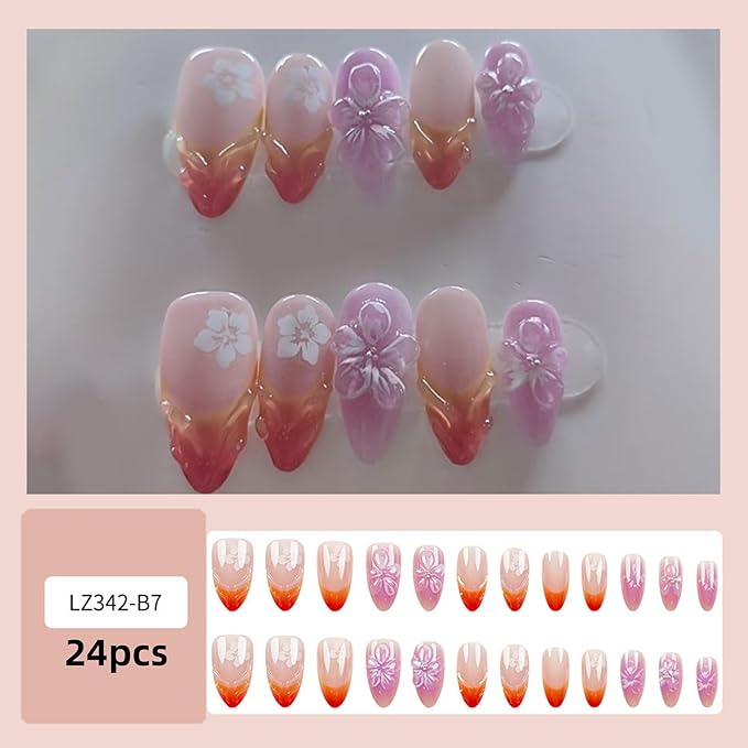 Almond Press on Nails Medium Fake Nails Red and Purple Artificial Nail Floral Stick on Nail for Women 24pcs
