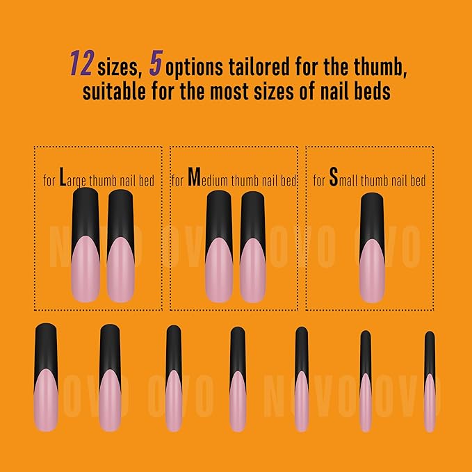 NOVO OVO Halloween Black XXL Curved Square French Tip Nail Tips Press on BERRY PINK, Full Cover Extra Thick Long XL Acrylic Hawk Curve Fake Extension Kit, Need Top Coat for Salon DIY 12 Sizes 144 pcs