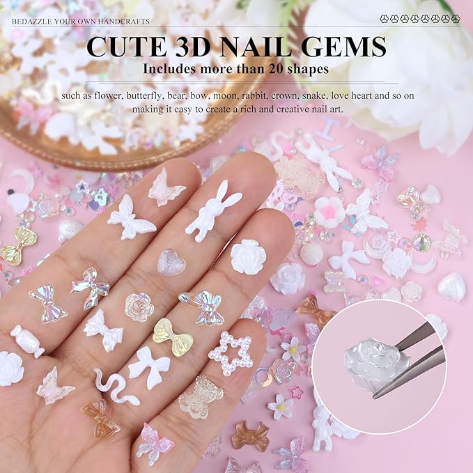 100 Pieces 3D Resin Butterfly Bear Nail Charms Rose Flower Peach Skirt Bow Deer Snake Rabbit Animal Shaped Nail Art Rhinestones Pearls for DIY Nail Art Decoration Making Craft (White)