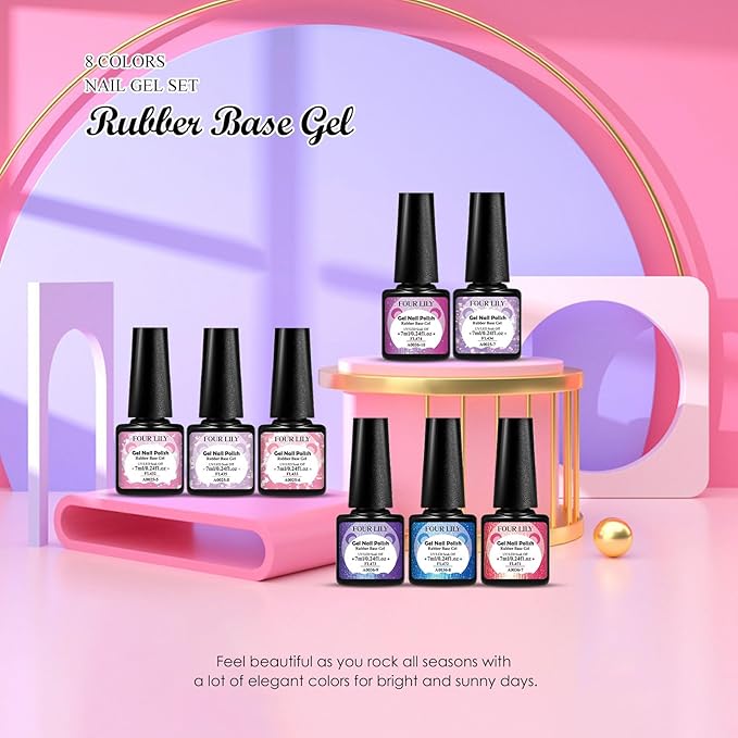 Rubber Base Gel Nail Polish Set Brocade Pink Purple Builder Base Gel in a Bottle Hard Extension Gel Pearlescent Blue 8 Colors Cured for Nails at Home Salon DIY Beginner