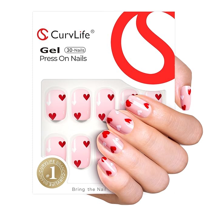 CurvLife Square Press On Nails Medium – 30Pcs Soft Gel Cupid Touch Valentine's Day Fake Nails, Reusable Glue On Nail Kit with Adhesive Tabs, Natural Fit & Salon-Quality for Women & Girls