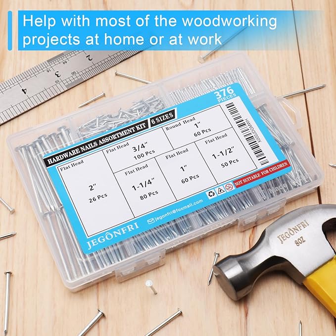 376pcs Premium Hardware Nails Assortment Kit, Maximum Length 2 Inches Galvanized, Picture Hanging, Wood, Wall with Storage Box | 6 Sizes