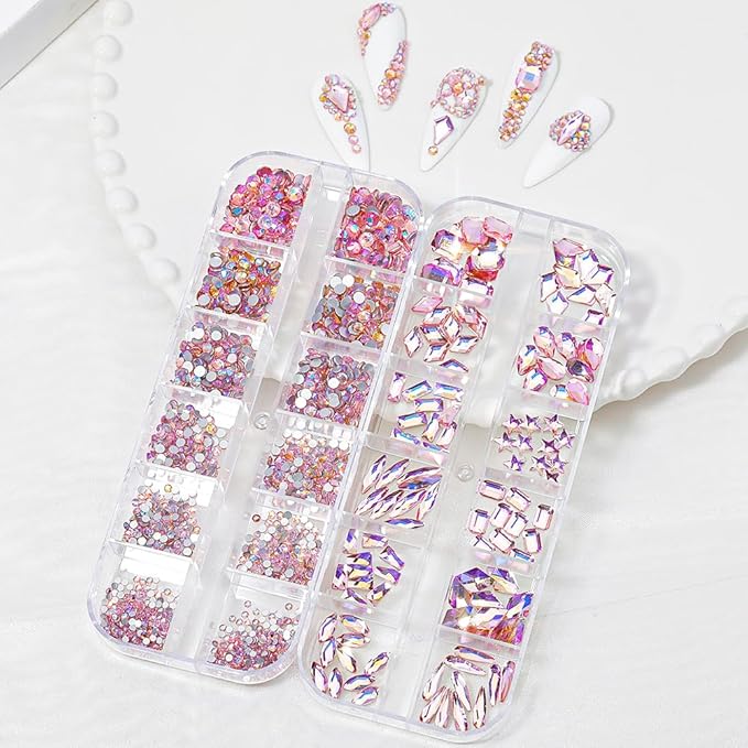 HNUIX Nail Rhinestones - 1600pcs 3D Multi Shape Size Crystal, Pink AB Nail Gems, Flat Back, with Kit, for Nail Art, DIY Decorations