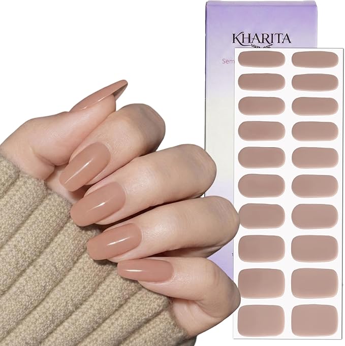 Semi Cured Gel Nail Strips – Real Gel Nail Polish Wraps for Brittle Nails | Waterproof Long Lasting Easy Peel-Off Removal | Hema-Free | 20-Piece Nude Brown Salon Kit with File & Stick