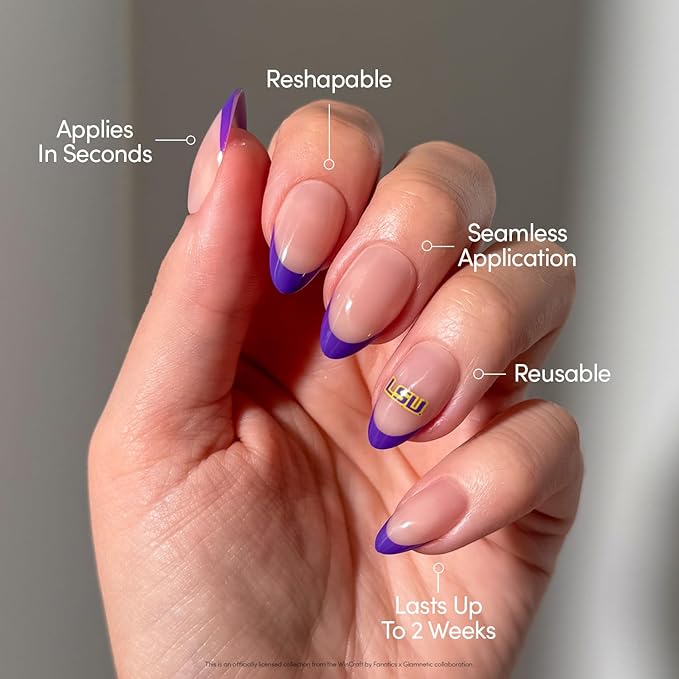 Glamnetic x Fanatics Press On Nails - LSU Tigers | Short Almond Fake Nails, Collegiate Tigers Purple French Tips, College Nails, Salon-Quality | 15 Sizes - 30 Nail Kit with Glue