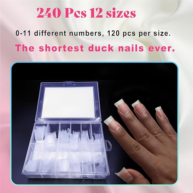 240Pcs Extra Short Duck Nail Tips, Pre-Etched Double-Sided Matte Soft Gel Flare Nails, 12 Sizes Full Cover Duck Bill Fake Nails for Y2K Acrylic Art, Professional False Nail Extensions Kit