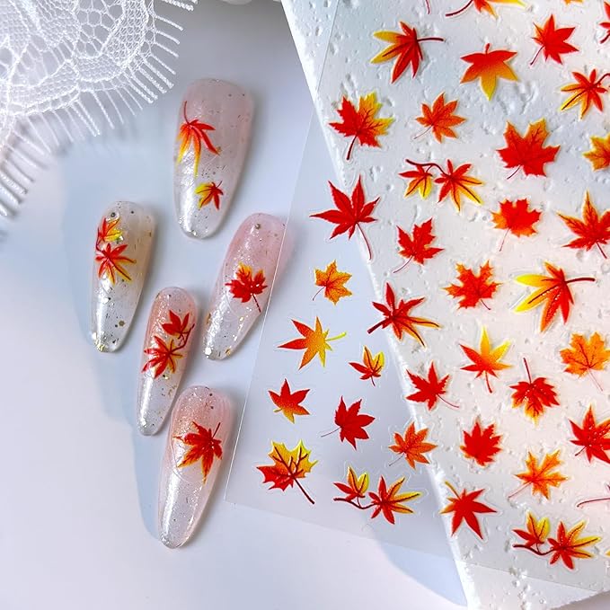 Fall Nail Stickers 5D Embossed Nail Art Stickers Autumn Nail Decals with Fox Maple Leaves Pumpkin Pinecone Designs Cute DIY Self-Adhesive Nail Art Supplies 3 Sheet
