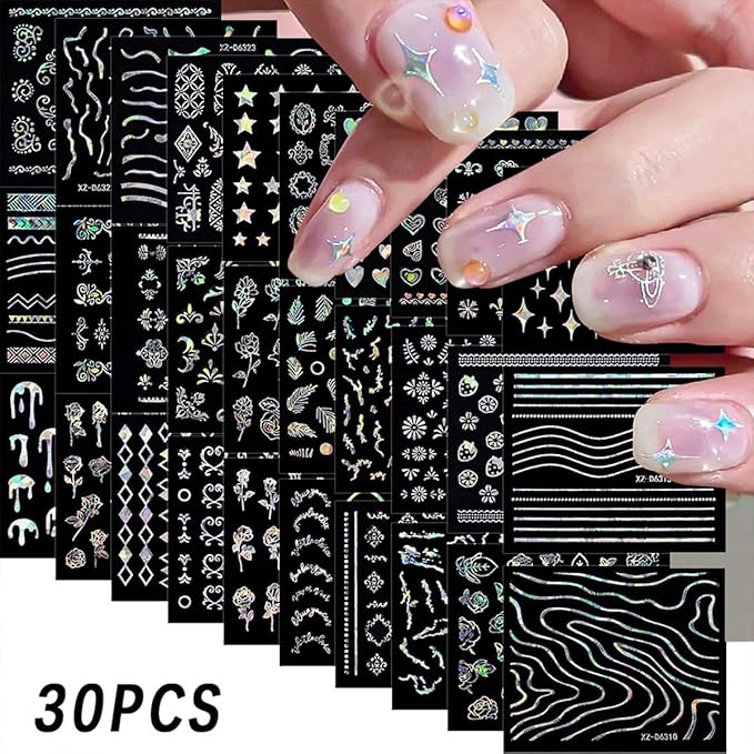 30 Sheets Aurora Nail Art Stickers Decals 3D Self Adhesive Flower Nail Stickers Aurora Star Heart Nail Decals for Nail Art Leaf Floral Nail Design for Women DIY Acrylic Nails Decoration Accessories