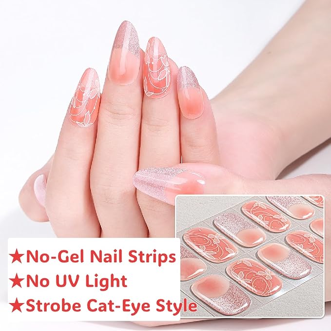 16pcs Gel Nail Strips - Nail Wraps Kit for Women Girls, No UV Light Needed, Natural Looking Manicure Full Cover Fake Nails Short Art Decor(Peach with Floral)