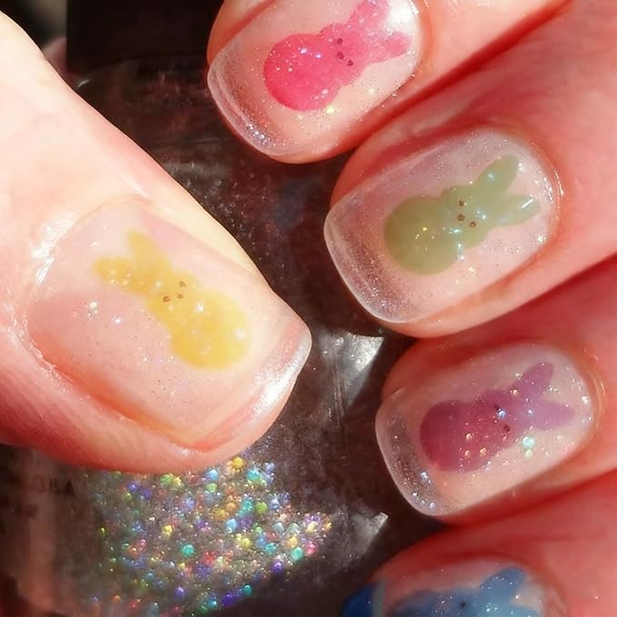 24 Pcs Easter Press on Nails Colorful French Tip Short Square Fake Nail Glitter Cute Bunny False Nails Designs Cartoon Rabbit Stick on Nails Full Cover Acrylic Nail for Women Girls Manicure Art