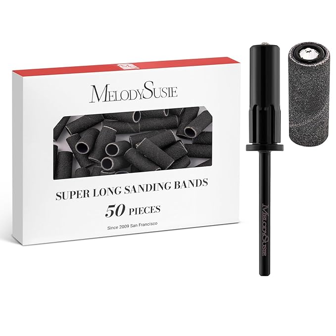 MelodySusie 50 Pcs Nail Drill Bits Super Long Sanding Bands with 6.65mm Crystal Mandrel Bit, 180 Fine Grit Nail File for Acrylic Nails Gel Manicures and Pedicure, Black