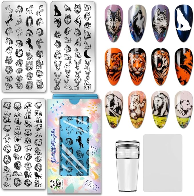 PH PandaHall 3pcs Wild Animal Nail Stamping Plates, Tiger Lion Wolf Nail Art Templates Fierce Animal Wildlife Stainless Steel Image Plate Art Stencils with Tools for DIY Print Manicures Salon Design