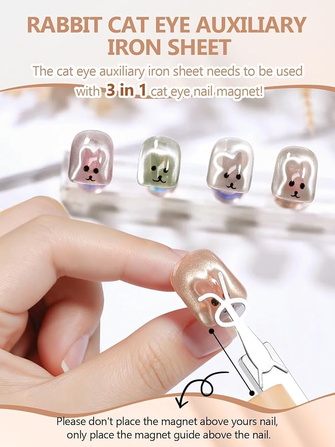 TOROKOM Multifunctional Cat Eye Nail Magnet Tool Set, 6 in 1 Wooden Handle Nail Magnet, Heart Rabbit Shape Cat Eye Magnet for Nails, Long Strip Magnets Tool for Nail Art DIY at Home