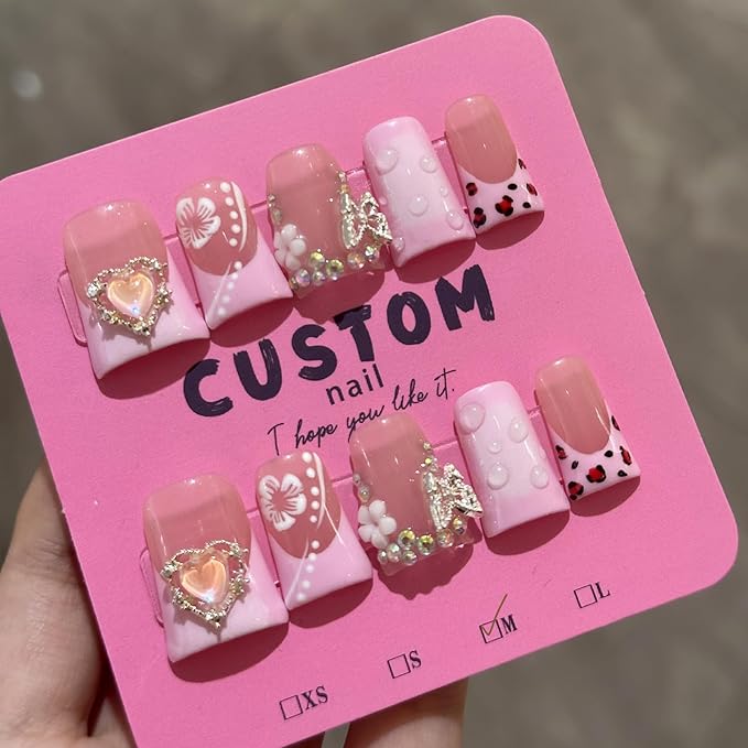 10Pcs Pink Handmade Press on Nails Duck Fake Nails French Tip False Nails with 3D Heart Butterfly Rhinestone Design Acrylic Duck Nails Press ons Medium Reusable Stick on Nail for Women (M)