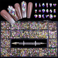 1000 Pcs Multi Shapes Glass Crystal AB Rhinestones For Nail Art Craft Mix 18 Style FlatBack Crystals 3D Decorations Flat Back Stones Gems Set with Nail Rhinestone Picker Wax Pen in Storage Container