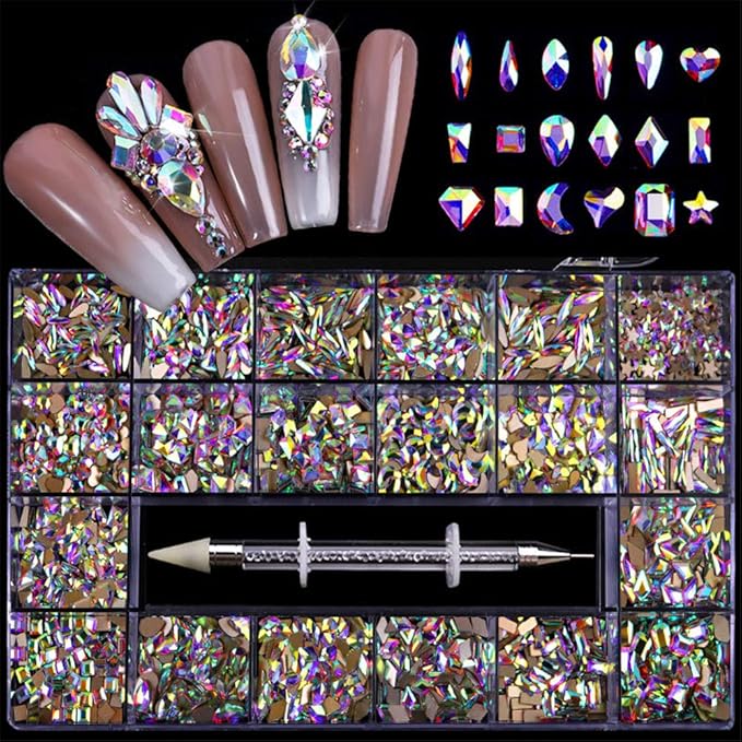 1000 Pcs Multi Shapes Glass Crystal AB Rhinestones For Nail Art Craft Mix 18 Style FlatBack Crystals 3D Decorations Flat Back Stones Gems Set with Nail Rhinestone Picker Wax Pen in Storage Container