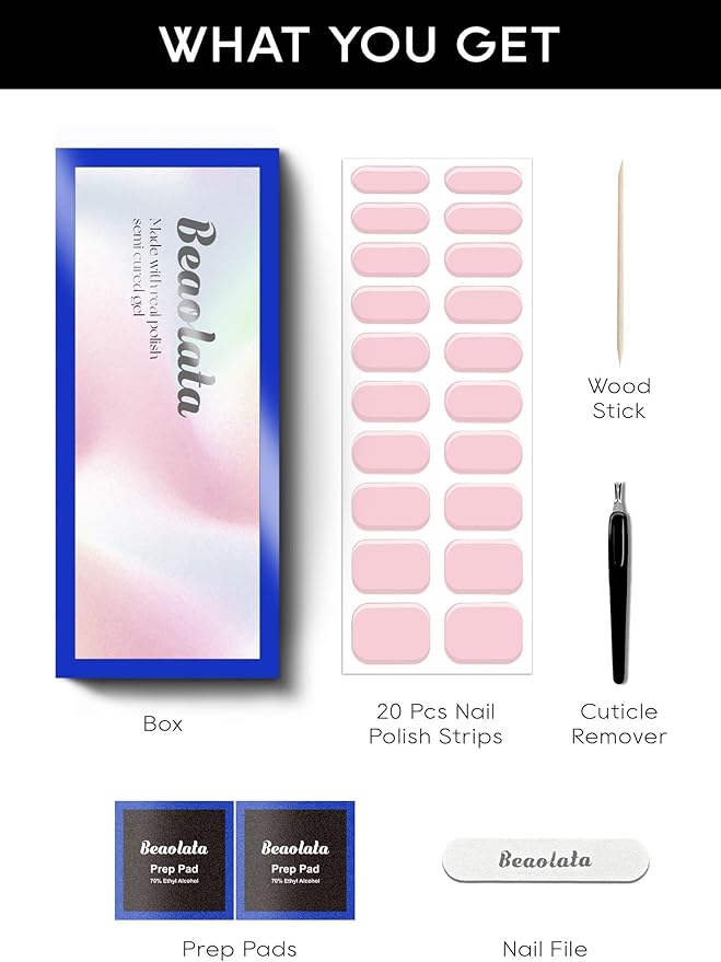 Semi Cured Gel Nail Strips - UV Light Gel Nail Stickers - 20 Long Lasting Salon Quality Wraps (Sweet Pink Enigmatic)
