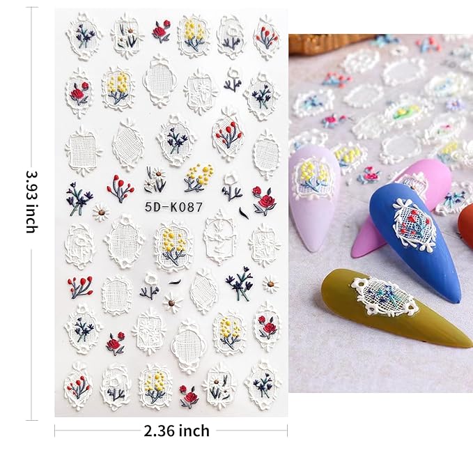 Nail Stickers, 4 Sheets Floral Art Decals, Self-Adhesive 5D Embossed Designs for DIY Manicure