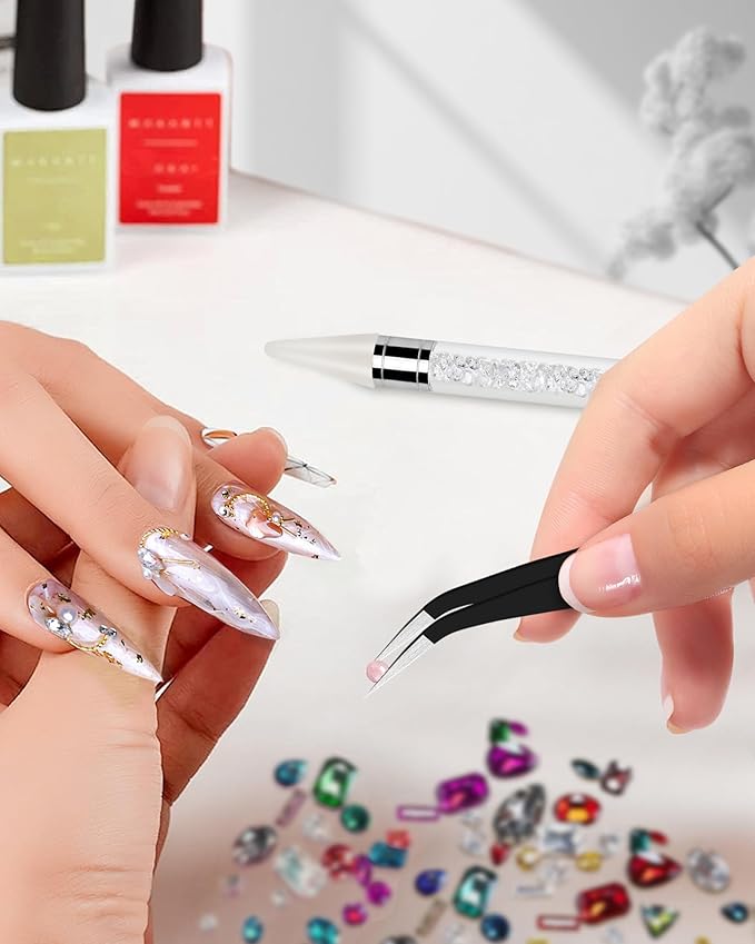 Difenni Rhinestone Picker Tool, Wax Pencil for Rhinestones Tool, Dual-Ended DIY Nail Bedazzling Tools with 4 Extra White Replaceable Wax Head and 1 Tweezer(White)