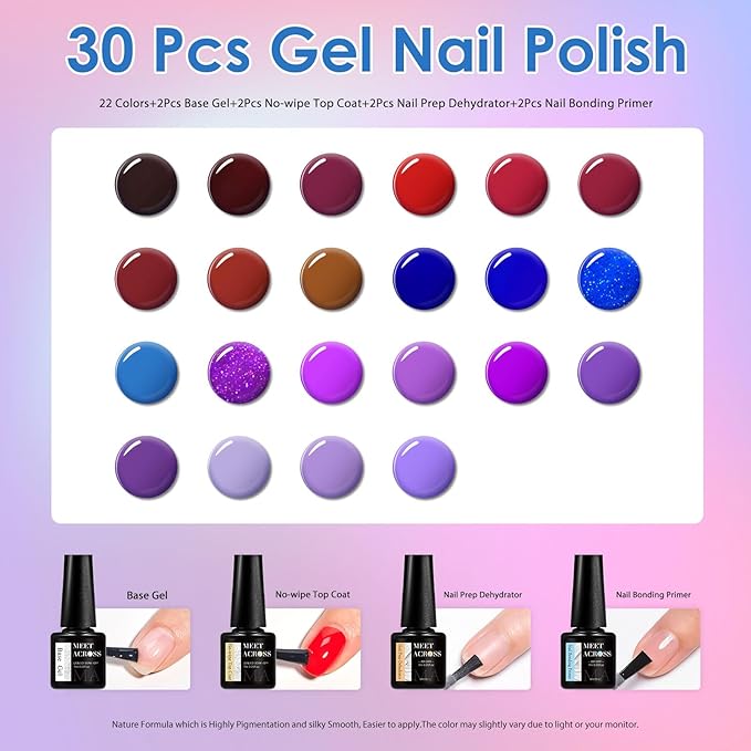 MEET ACROSS 30Pcs Gel Nail Polish Set 22 Colors Gel Polish Kit Nude Burgundy Red Blue Purple Gel Polish for All Seasons Soak Off UV/LED Manicure Gift for Women Girls