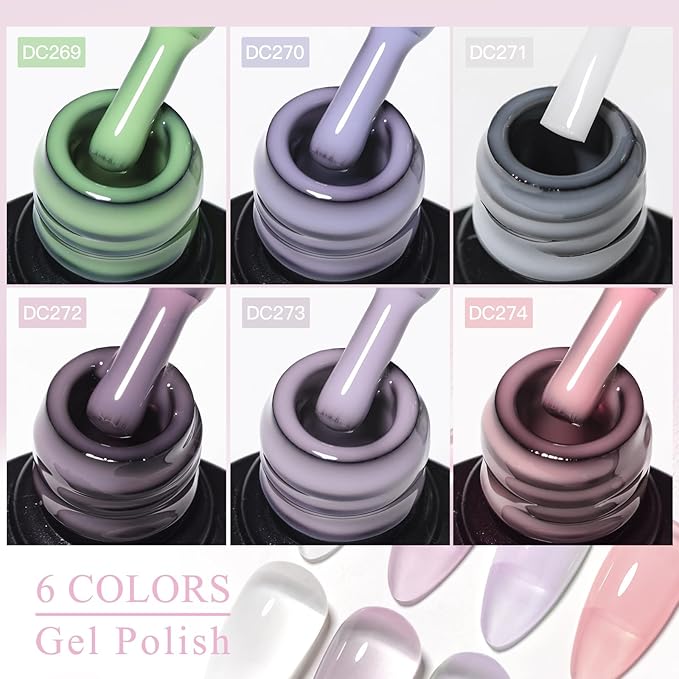 MTSSII 6PCS Jelly Gel Nail Polish Transparent Pink Green Violet Colors Sheer Nude Gel Polish Kit for Salon Gel Manicure and Nail Art DIY at Home