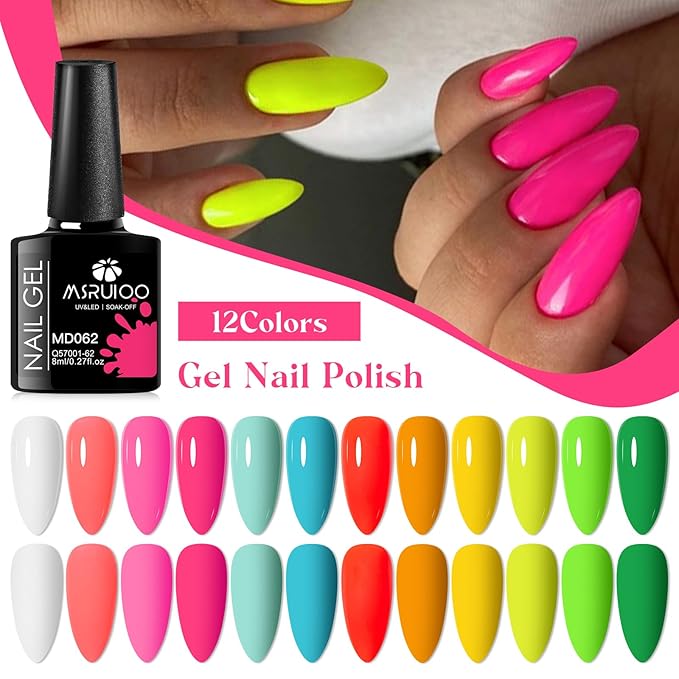 12Pcs Neon Gel Nail Polish Set Nude Gel Polish Set Pink Blue Rainbow Series Soak Off UV Nail Polish Manicure Kit