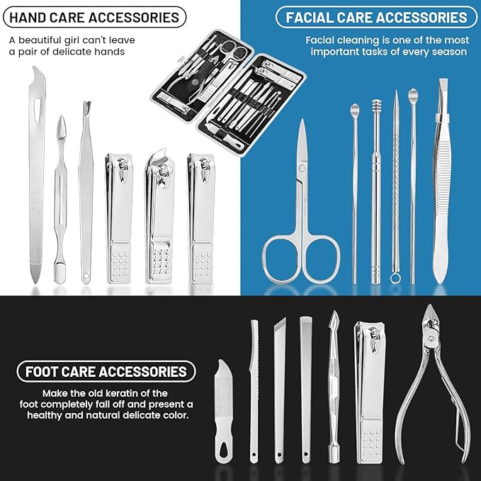 Manicure Pedicure Kit, Nail Clipper Tools Set Exra Thick Personal Care Women’s Grooming Kit Christmas Gifts for Men Husband Boyfriend Parent Nail Care Tools with Travel Case pack of 19