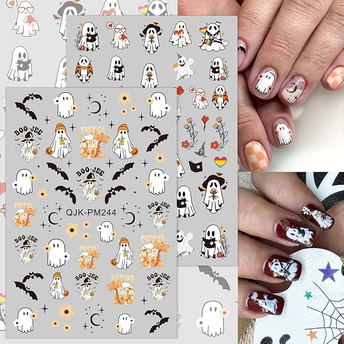 Halloween Nail Art Stickers - 3D Pumpkin, Spooky Ghost, Spider Web, Bats Decals - Self Adhesive Nail Design Stickers for Women DIY - 8 Sheets Decoration